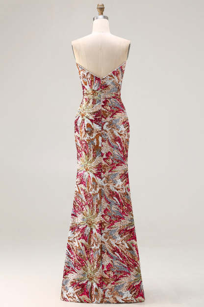 Sparkly Floral Fuchsia Sweetheart Sheath Long Prom Dress with Slit