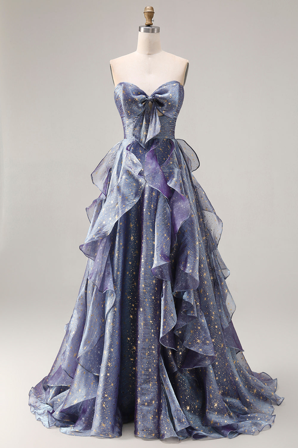 Glitter Dusty Blue Ruffled A Line Long Prom Dress with Bow