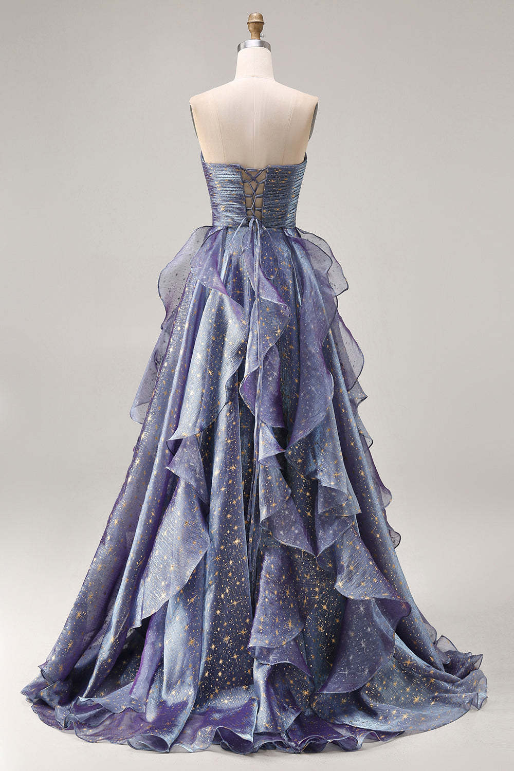 Glitter Dusty Blue Ruffled A Line Long Prom Dress with Bow