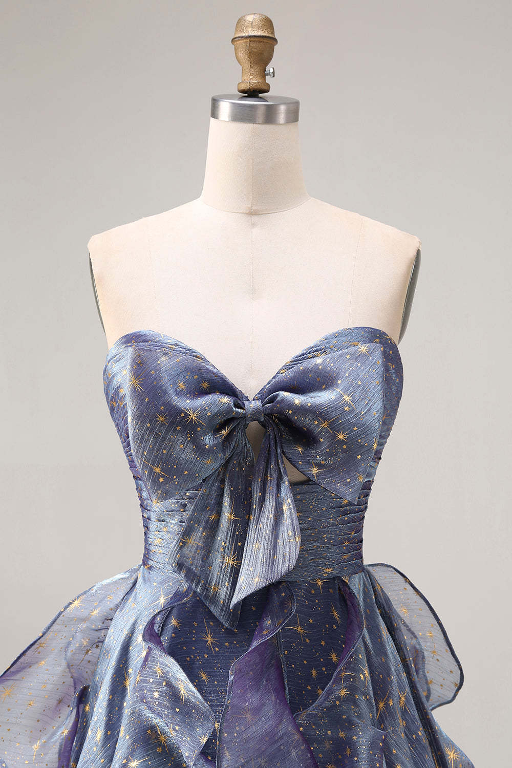 Glitter Dusty Blue Ruffled A Line Long Prom Dress with Bow