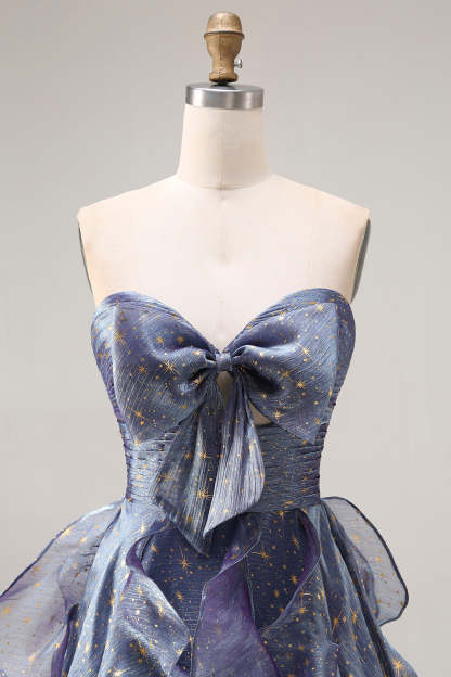 Glitter Dusty Blue Ruffled A Line Long Prom Dress with Bow