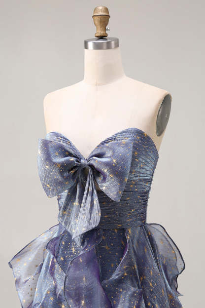 Glitter Dusty Blue Ruffled A Line Long Prom Dress with Bow