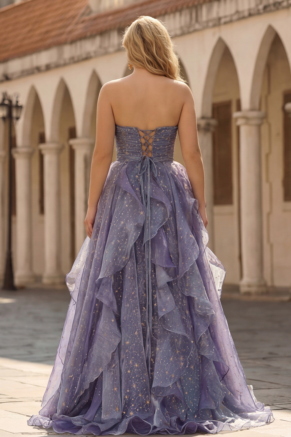 Glitter Dusty Blue Ruffled A Line Long Prom Dress with Bow