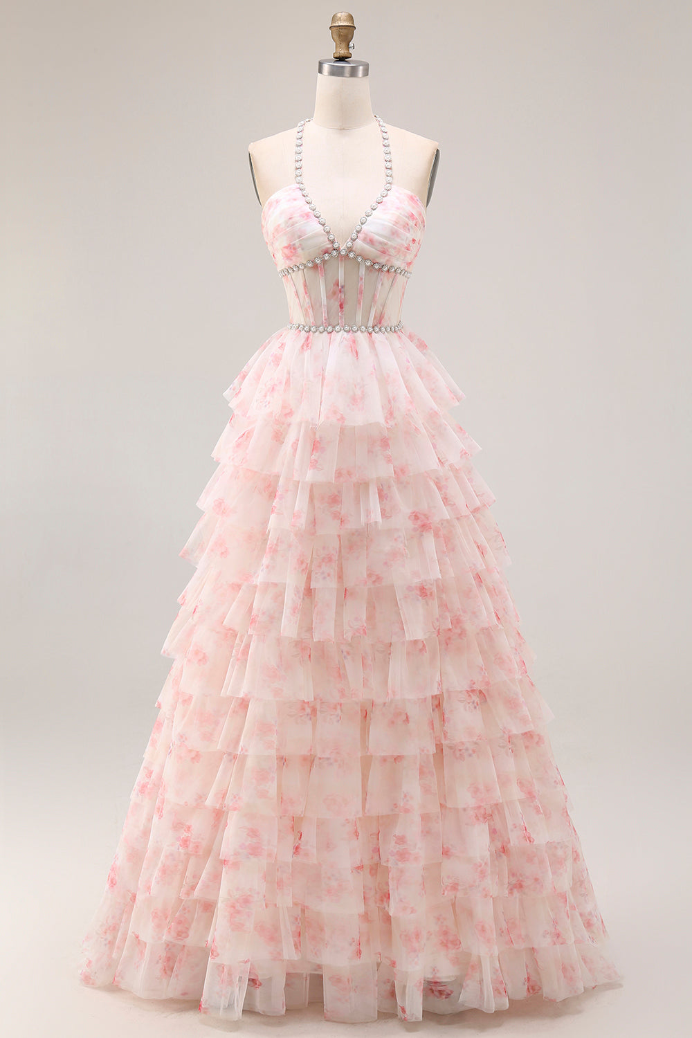 Candy Pink A Line Tiered Long Corset Prom Dress with Beading