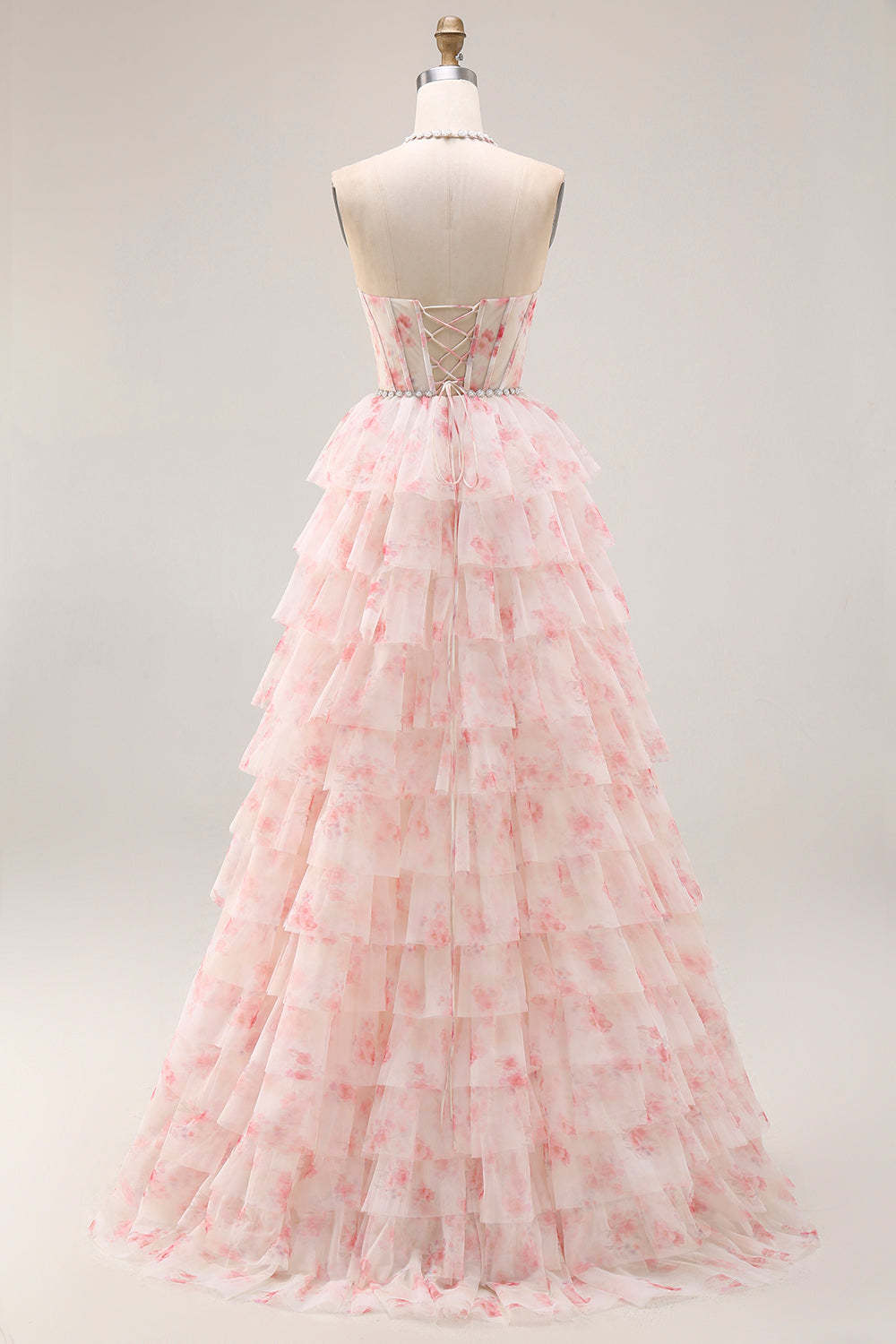 Candy Pink A Line Tiered Long Corset Prom Dress with Beading