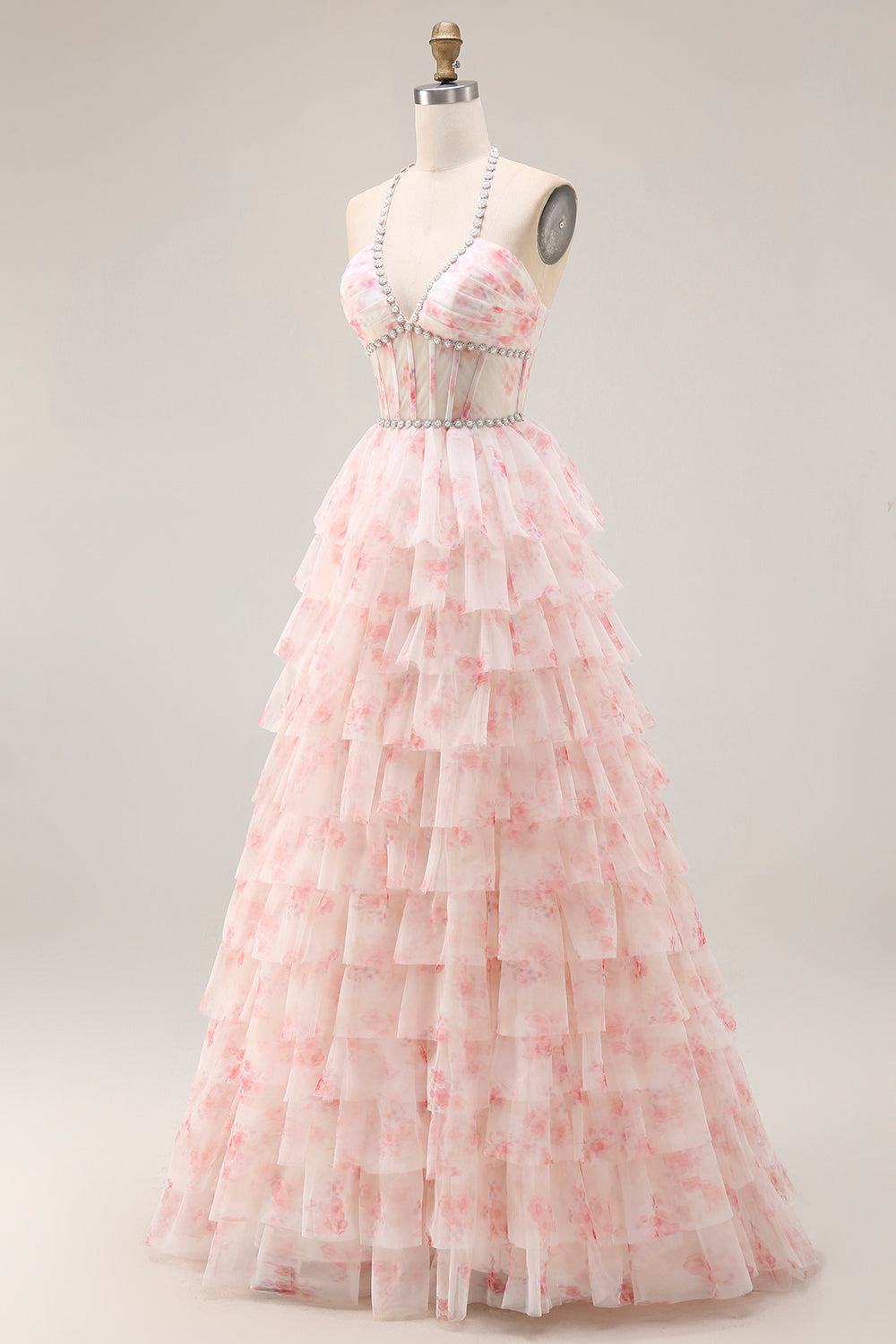 Candy Pink A Line Tiered Long Corset Prom Dress with Beading