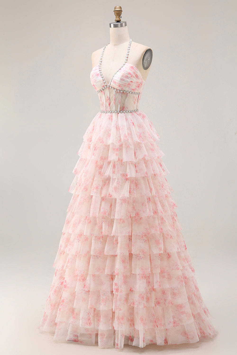 Candy Pink A Line Tiered Long Corset Prom Dress with Beading