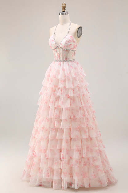 Candy Pink A Line Tiered Long Corset Prom Dress with Beading