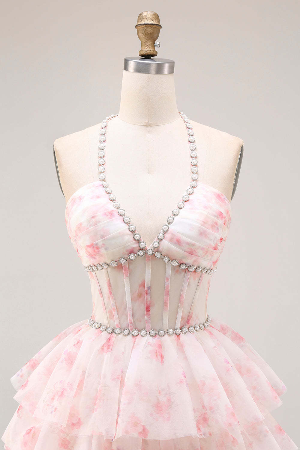 Candy Pink A Line Tiered Long Corset Prom Dress with Beading