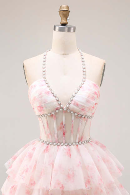 Candy Pink A Line Tiered Long Corset Prom Dress with Beading
