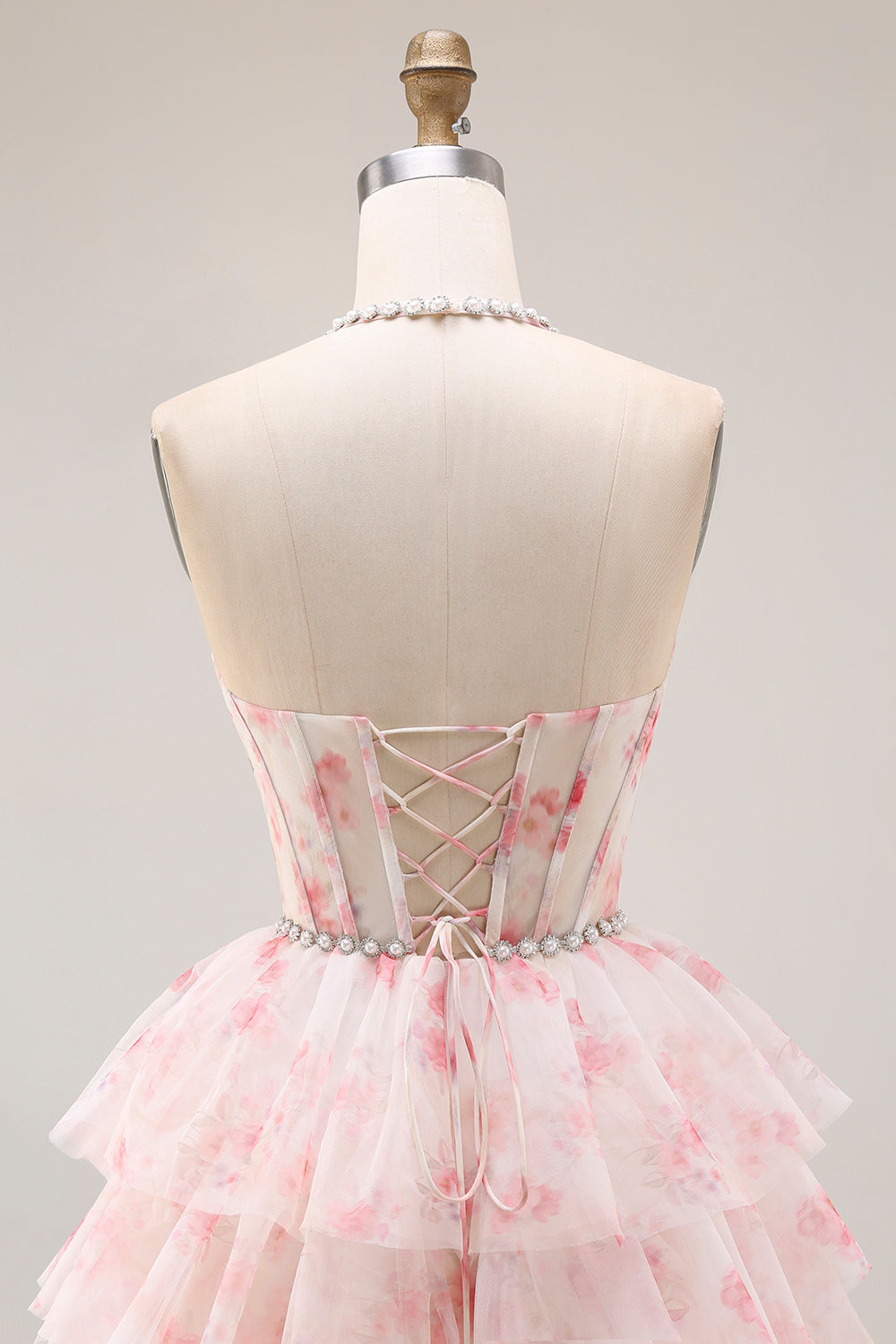 Candy Pink A Line Tiered Long Corset Prom Dress with Beading