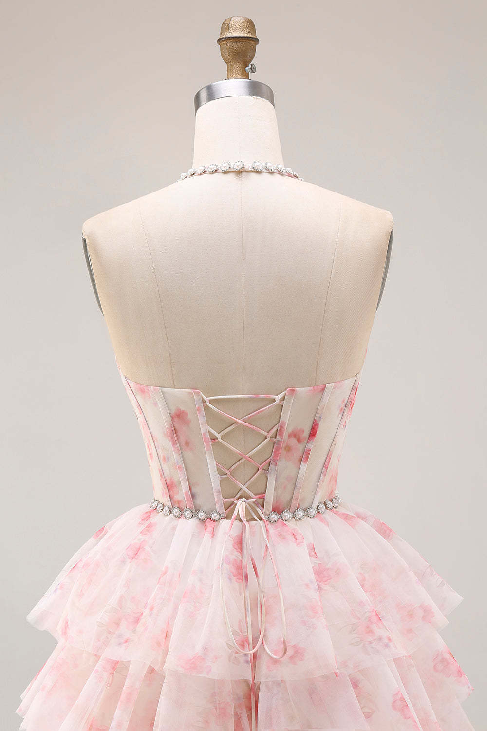 Candy Pink A Line Tiered Long Corset Prom Dress with Beading