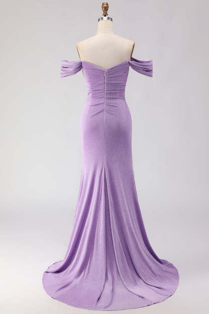 Purple Mermaid Off the Shoulder Ruched Long Prom Dress with Slit