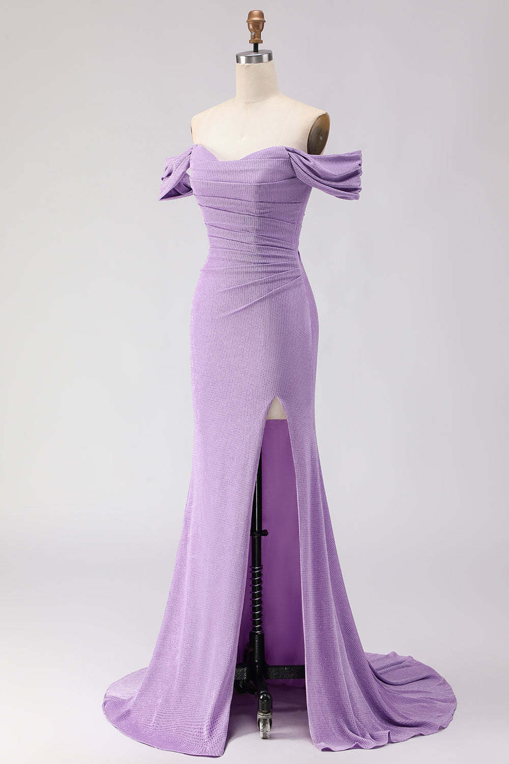 Purple Mermaid Off the Shoulder Ruched Long Prom Dress with Slit