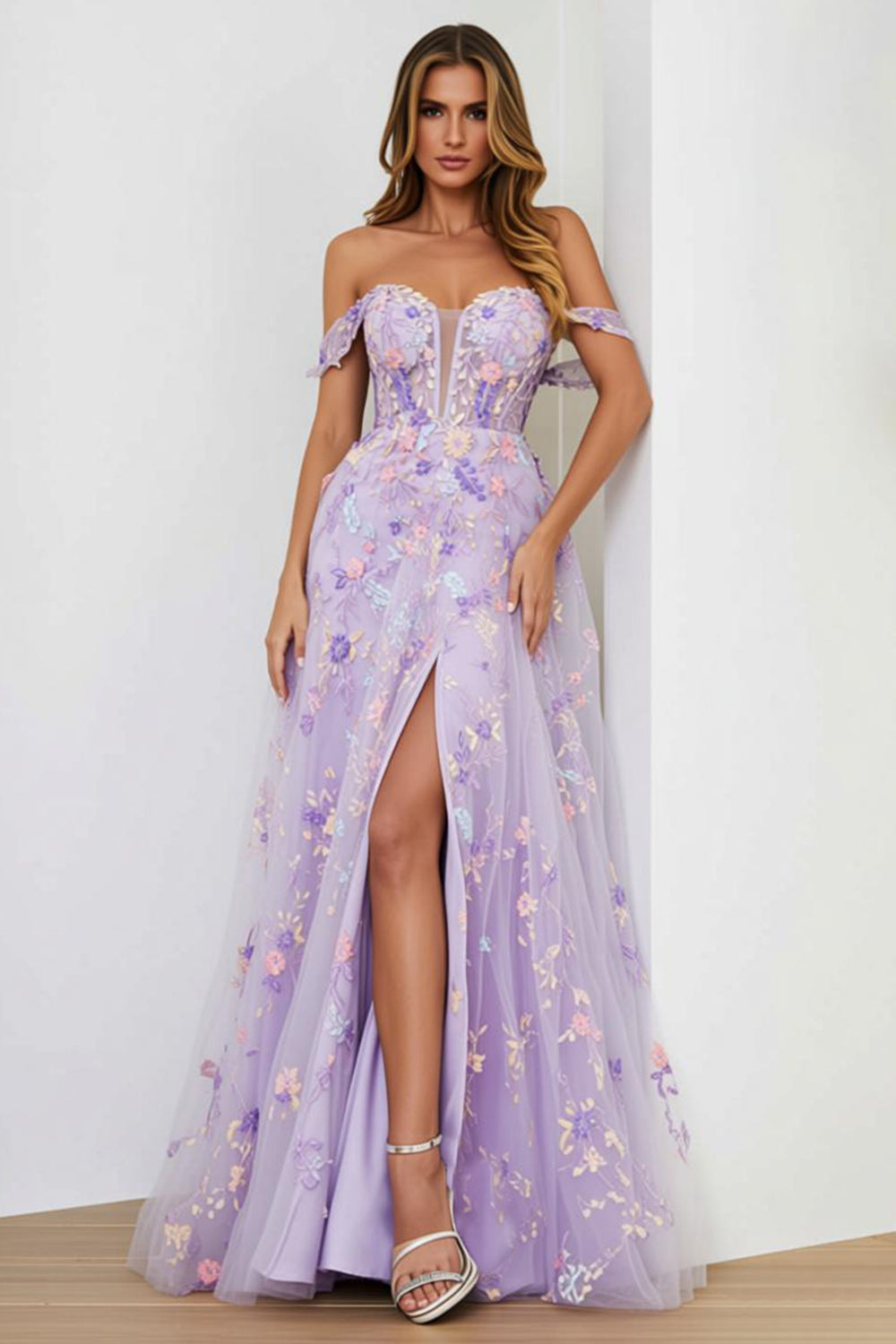 Lilac Floral Corset Appliqued Long Prom Dress with Slit