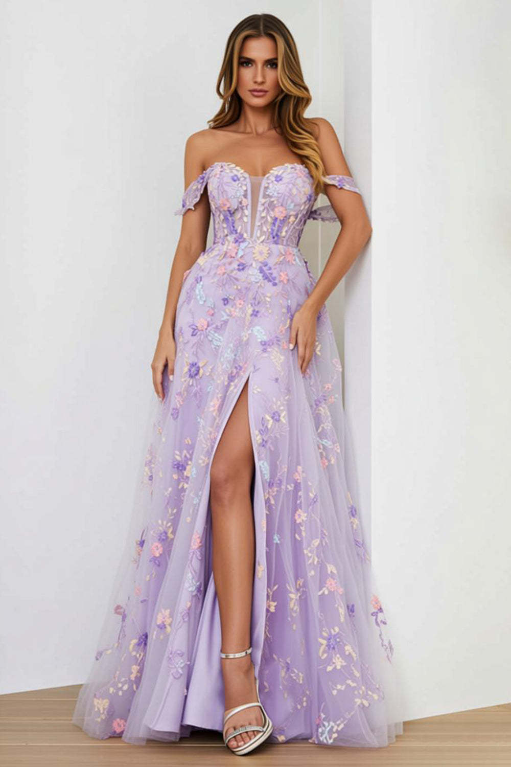 Leely Women Lilac Floral Corset Prom Dress with Applique Long Off the Shoulder Evening Dress with Slit
