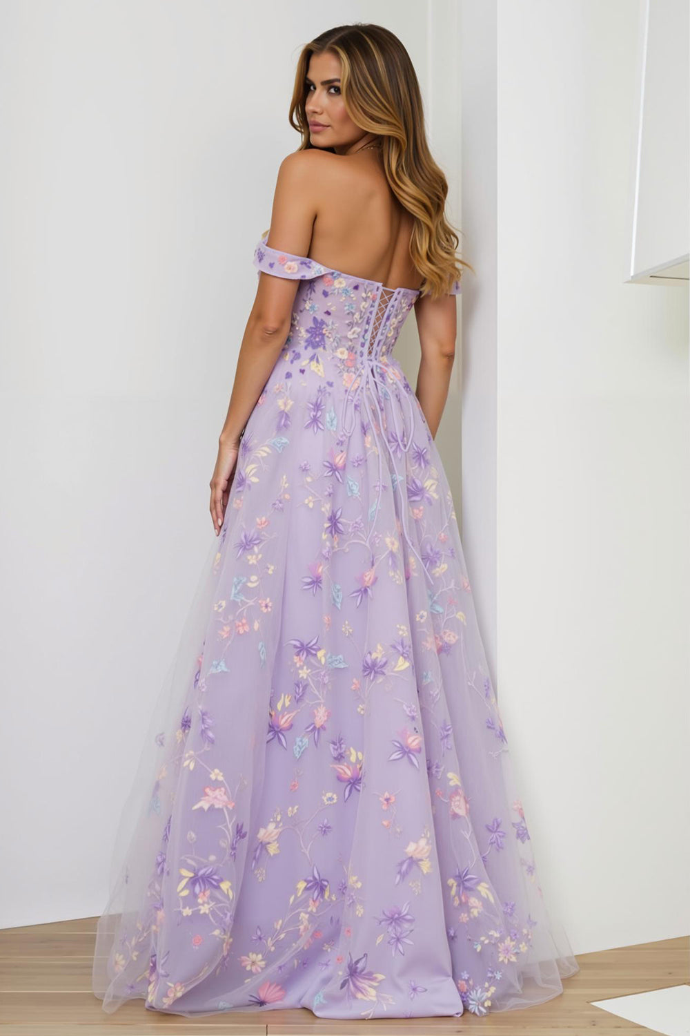 Lilac Floral Corset Appliqued Long Prom Dress with Slit