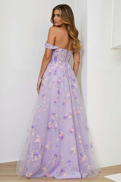Lilac Floral Corset Appliqued Long Prom Dress with Slit