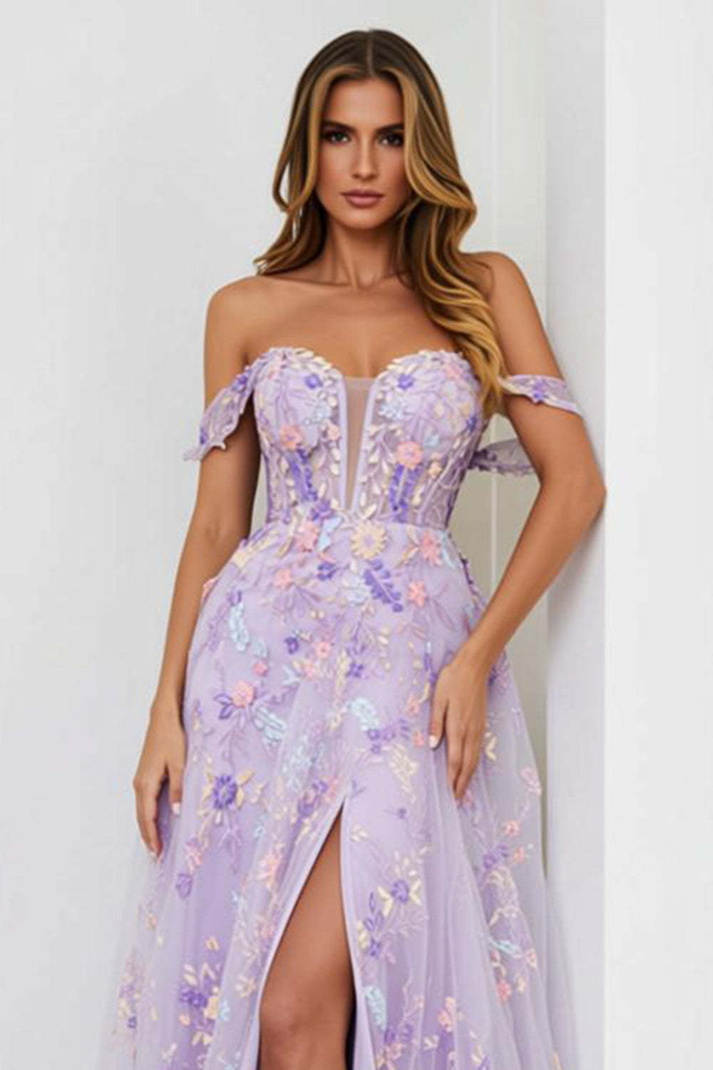 Lilac Floral Corset Appliqued Long Prom Dress with Slit