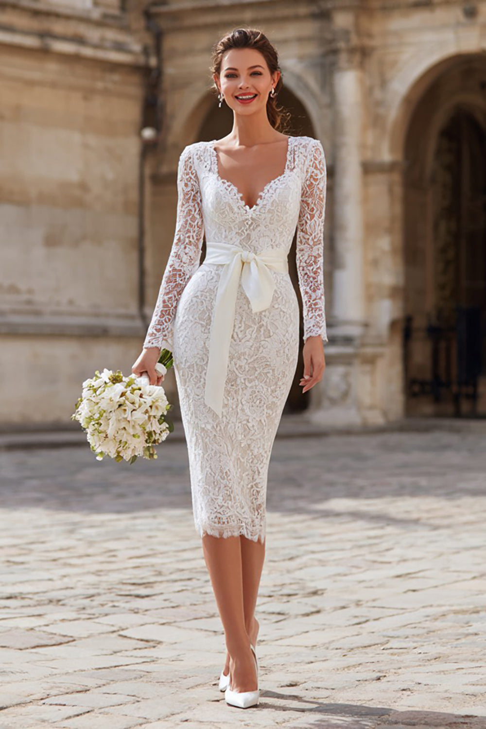 Leely Women Ivory Lace Midi Wedding Dress with Sleeves Bodycon Engagement Dress with Sash Elopement Dress
