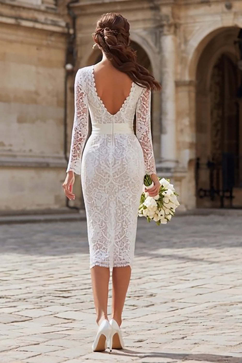 Ivory Lace Bodycon Midi Wedding Dress with Sleeves