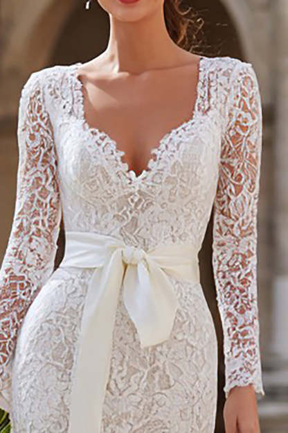 Ivory Lace Bodycon Midi Wedding Dress with Sleeves