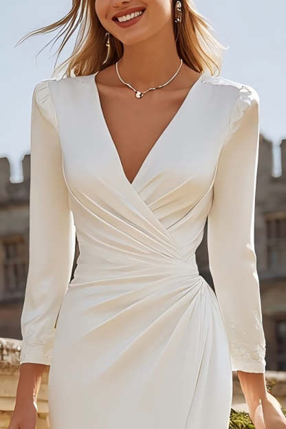 Ivory Bodycon V-Neck Ruched Midi Engagement Dress with Slit