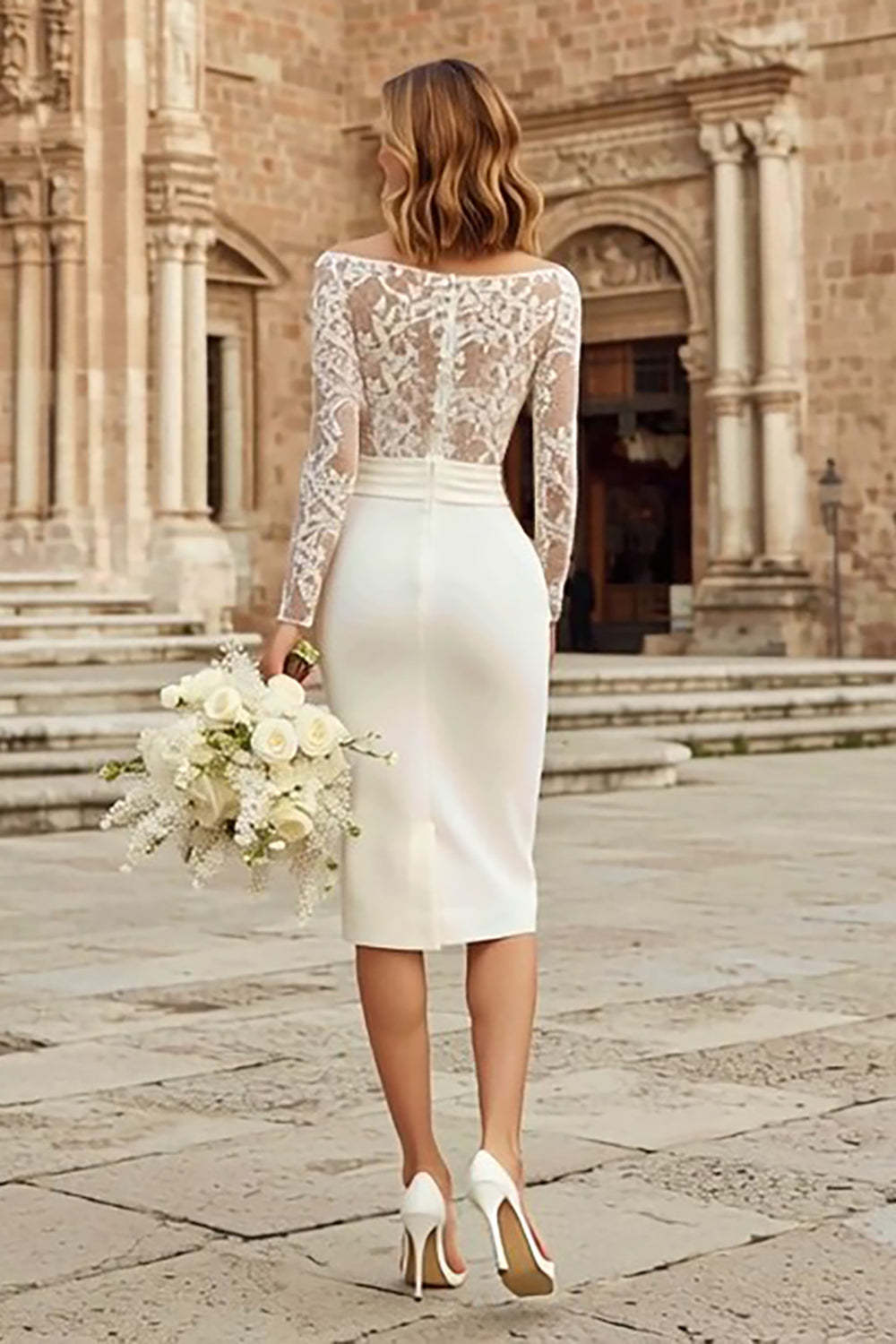 Ivory Bodycon Bateau Neck Midi Wedding Dress with Sleeves