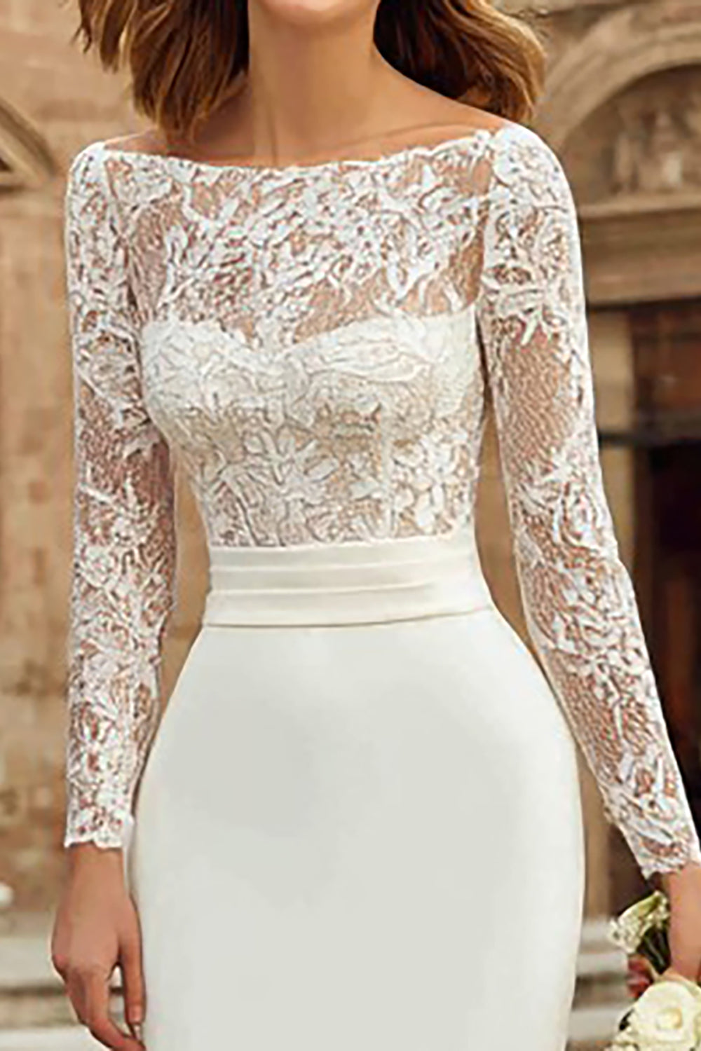 Ivory Bodycon Bateau Neck Midi Wedding Dress with Sleeves