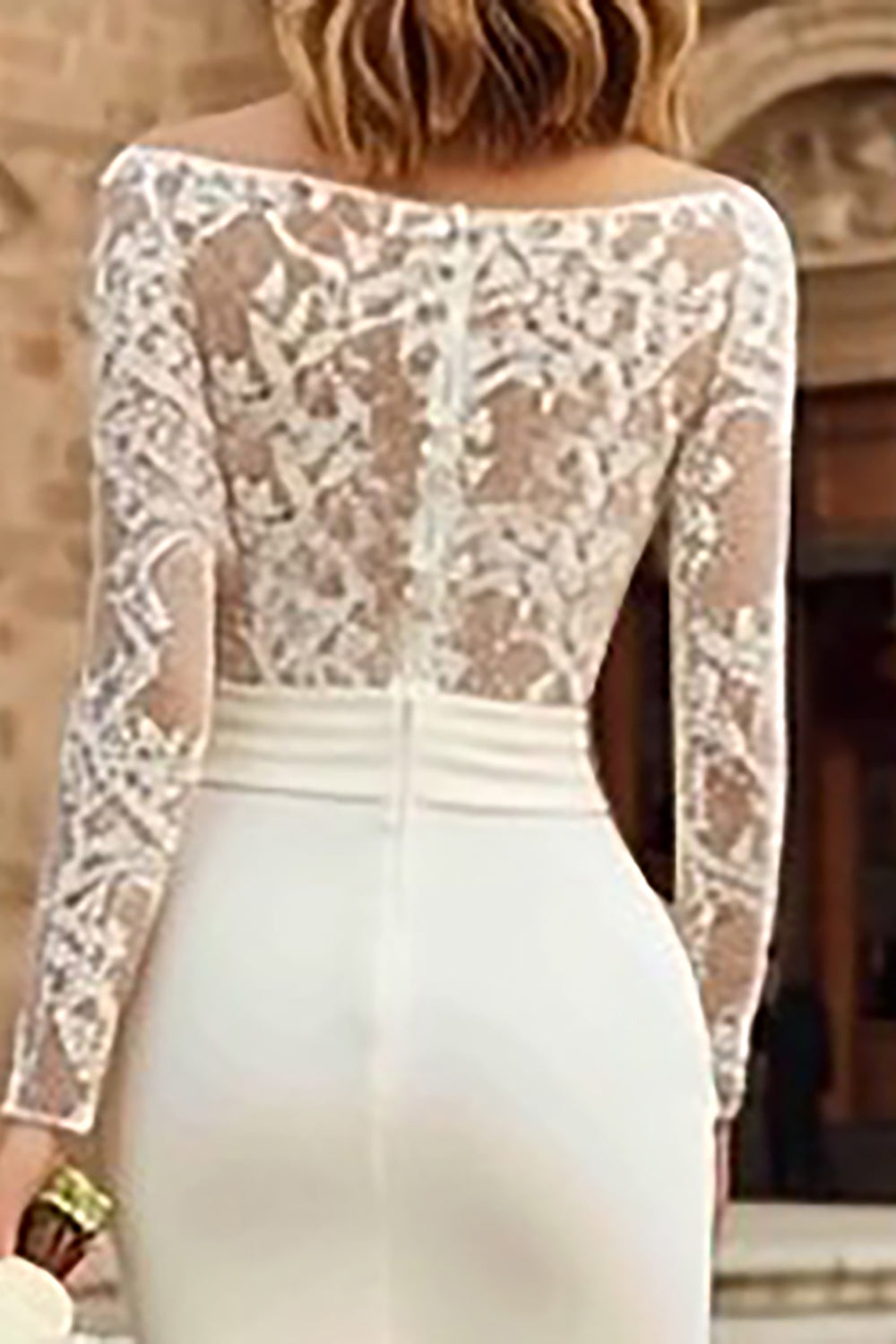 Ivory Bodycon Bateau Neck Midi Wedding Dress with Sleeves