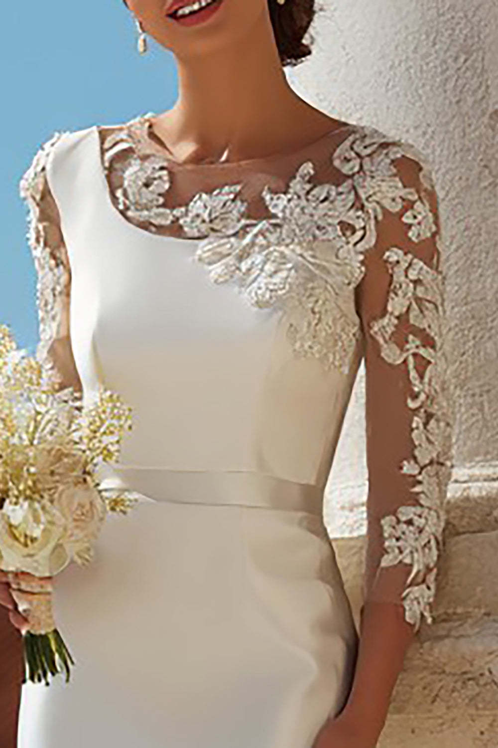 Ivory Appliqued Bodycon Midi Wedding Dress with Sleeves