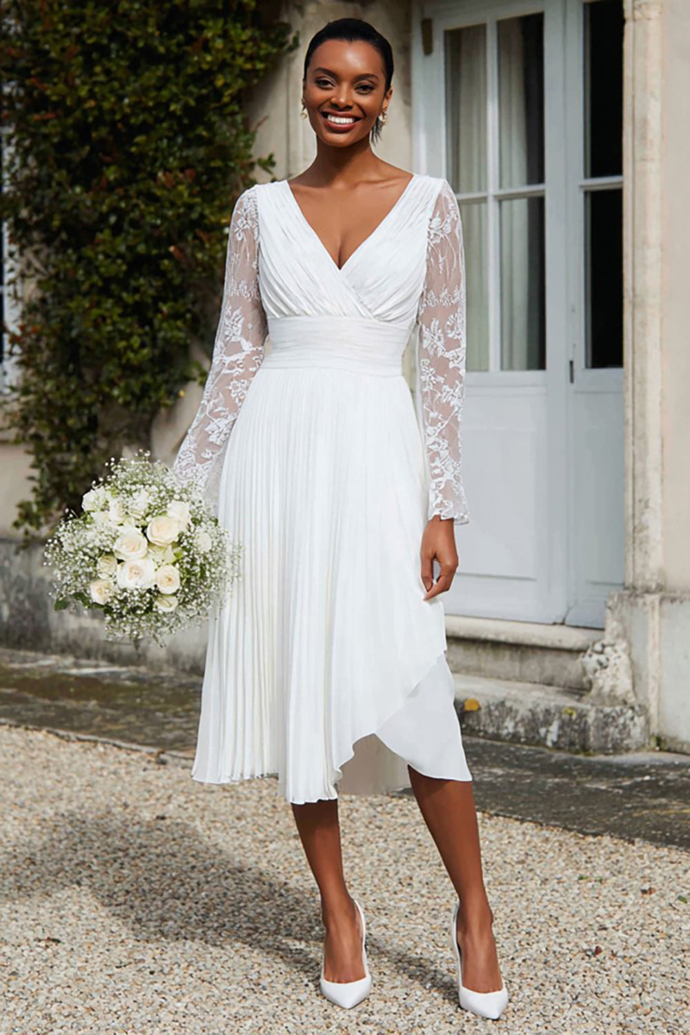 Leely Women Ivory Pleated Midi Engagement Dress with Lace A Line V-Neck Bridal Dress with Sleeves
