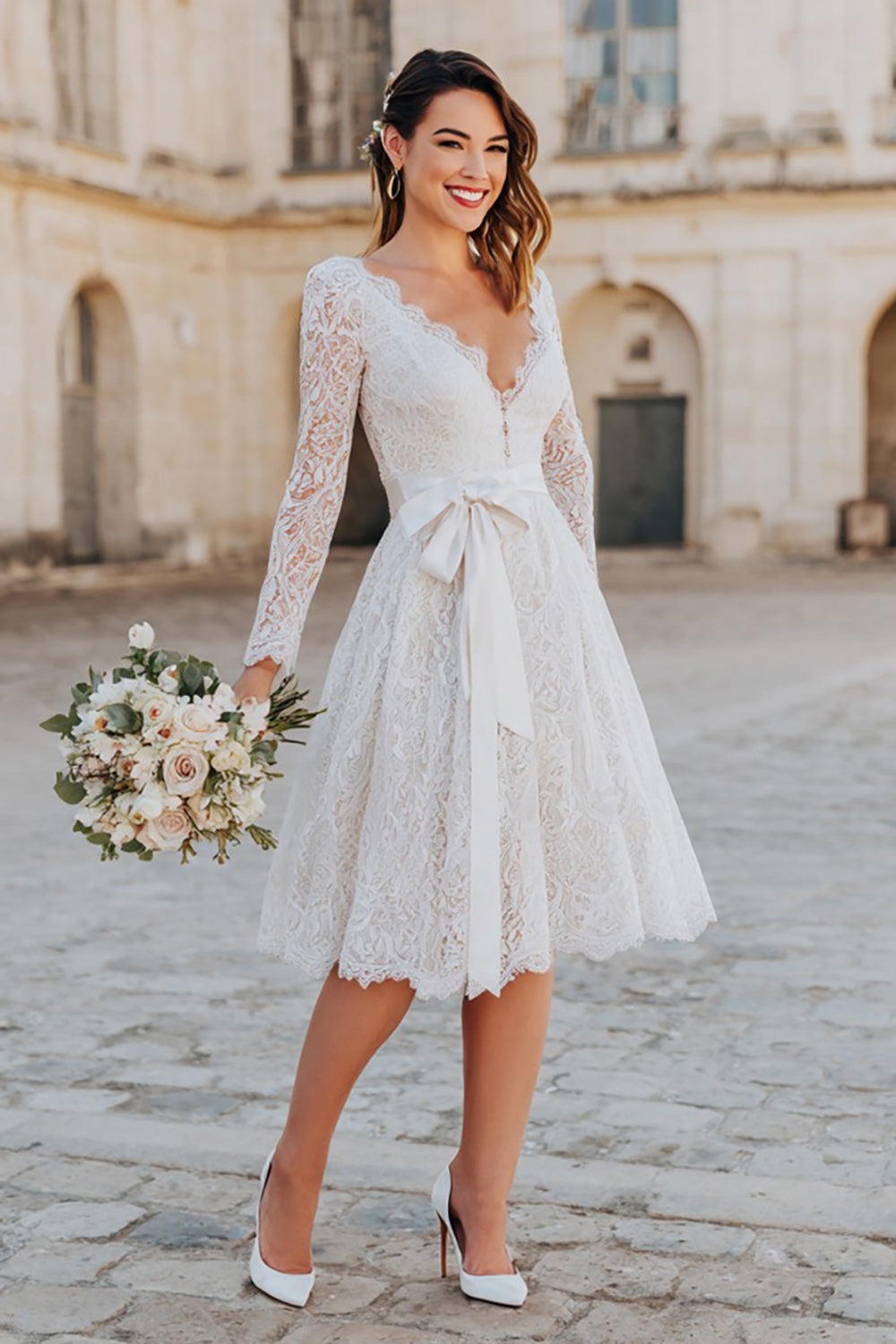 Leely Women Ivory A Line Lace Midi Boho Wedding Dress with Sleeves V-Neck Engagement Dress with Sash