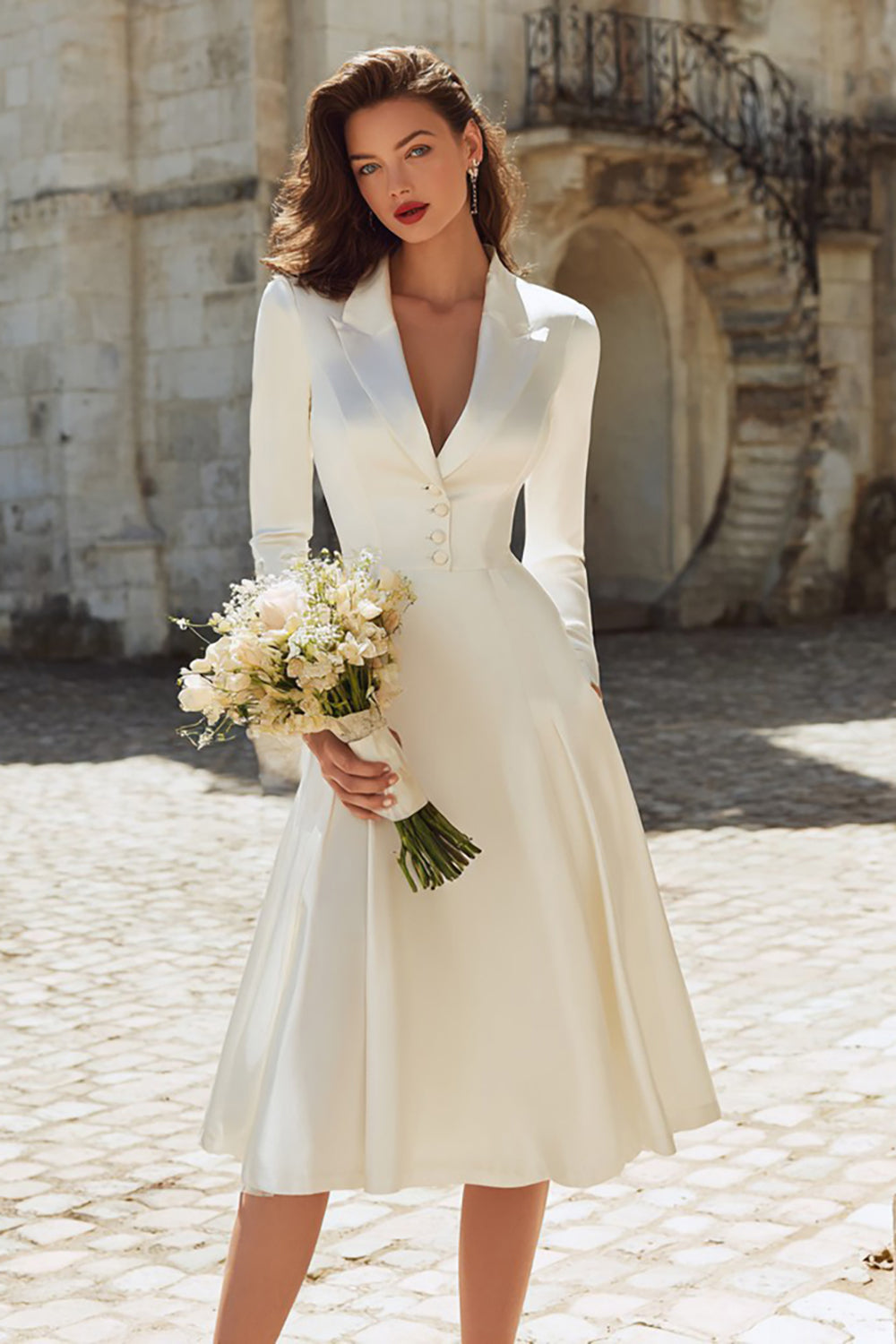 Leely Ivory Satin Peak Lapel Midi Engagement Blazer Dress with