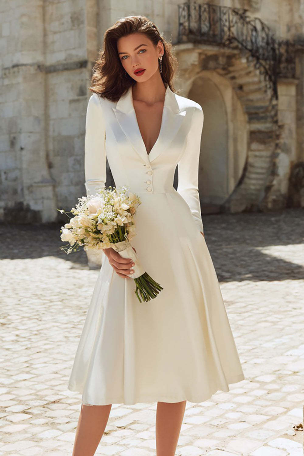 Leely Ivory Satin Peak Lapel Midi Engagement Blazer Dress with