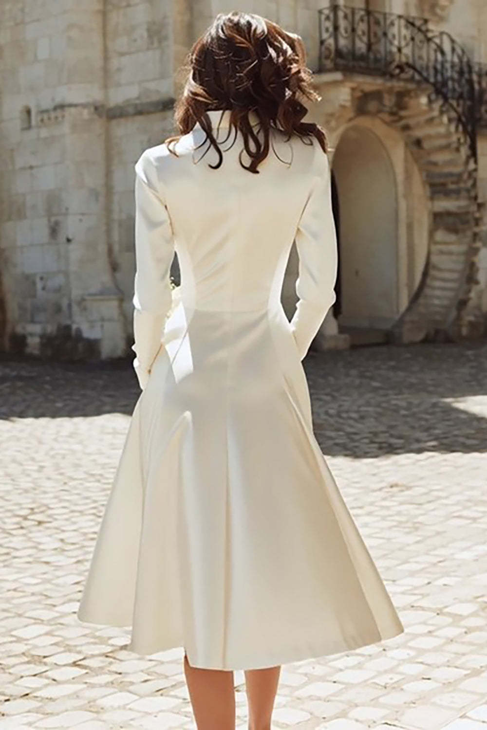 Ivory A Line Peak Lapel Midi Engagement Blazer Dress with Sleeves