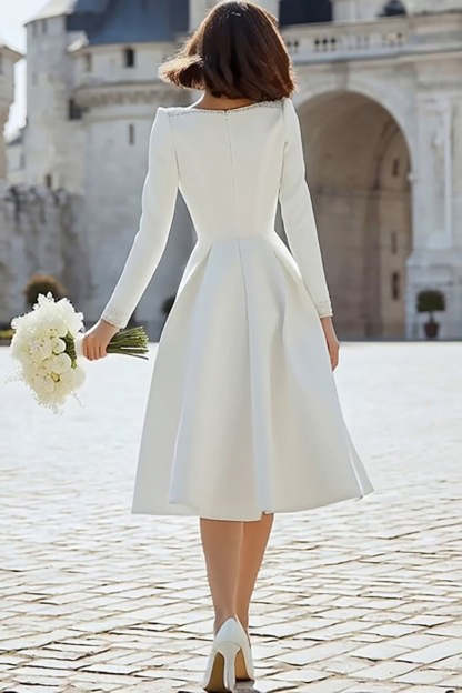 Sparkly Ivory V-Neck A Line Midi Engagement Dress with Sleeves
