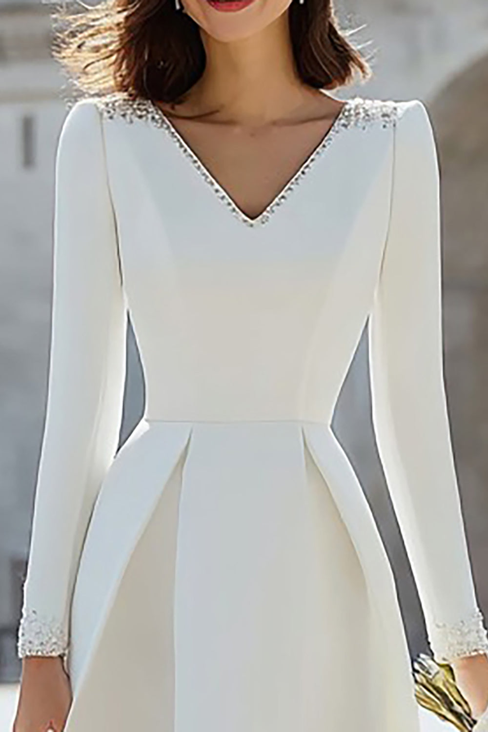 Sparkly Ivory V-Neck A Line Midi Engagement Dress with Sleeves