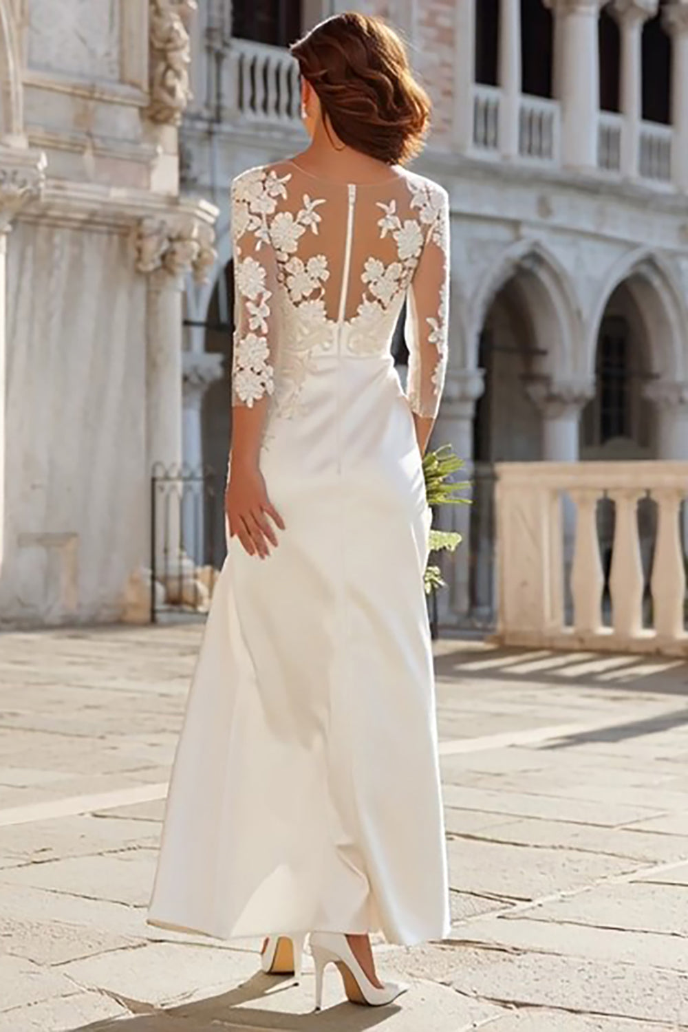 Ivory Sheath Appliqued Maxi Wedding Dress with Slit