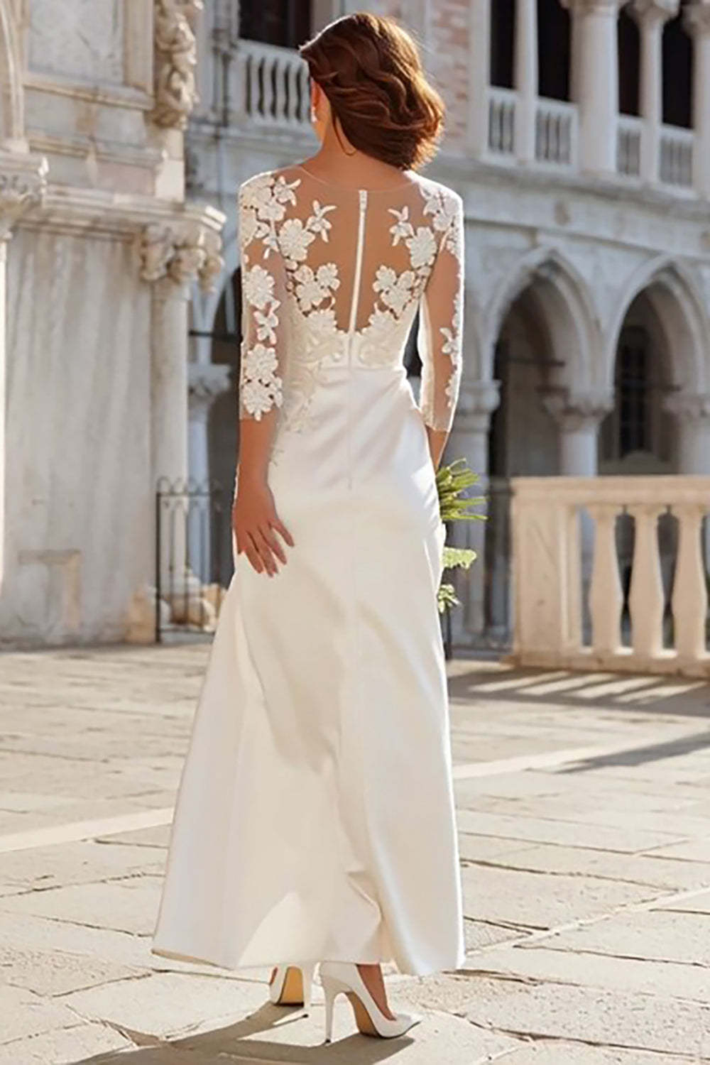 Ivory Sheath Appliqued Maxi Wedding Dress with Slit