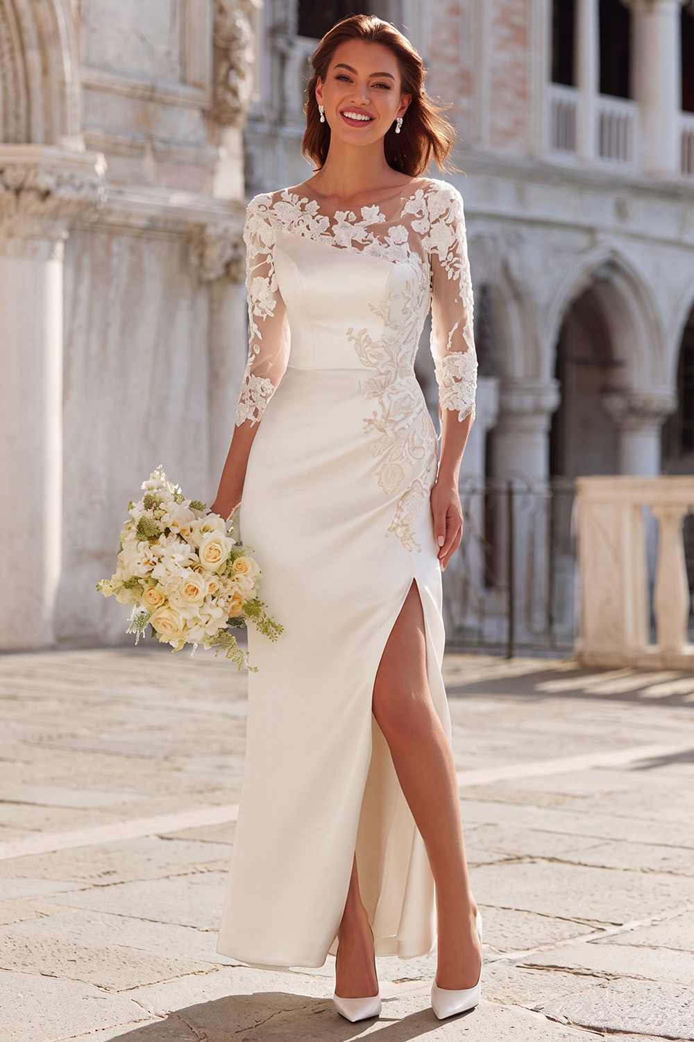 Ivory Sheath Appliqued Maxi Wedding Dress with Slit