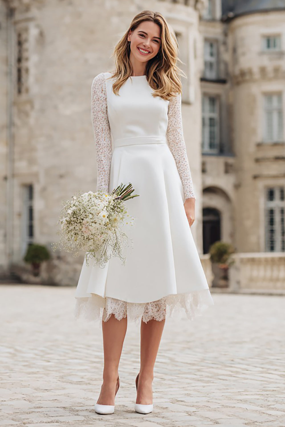 Leely Women Ivory Backless Midi Engagement Dress with Lace Bateau Neck A Line Bridal Shower Dress with Sleeves