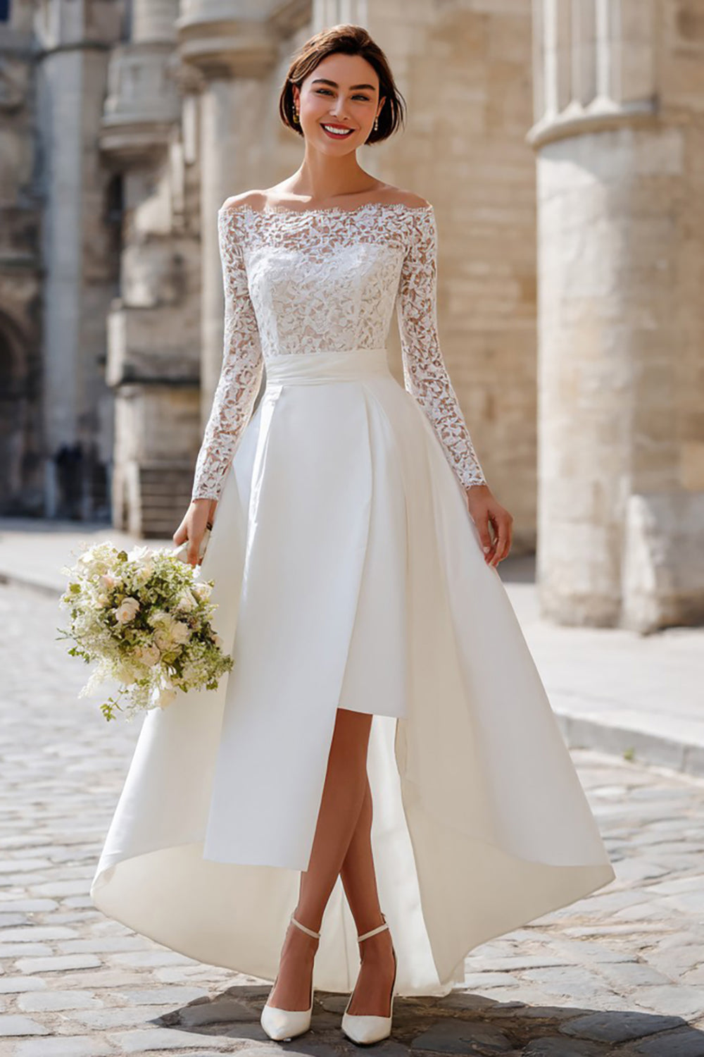 Leely Women Ivory High Low Boho Wedding Dress with Lace Off the Shoulder A Line Engagement Dress with Sleeves