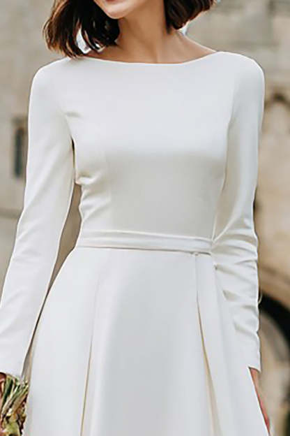 Ivory A Line Boat Neck Long Engagement Dress with Sleeves