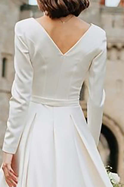 Ivory A Line Boat Neck Long Engagement Dress with Sleeves