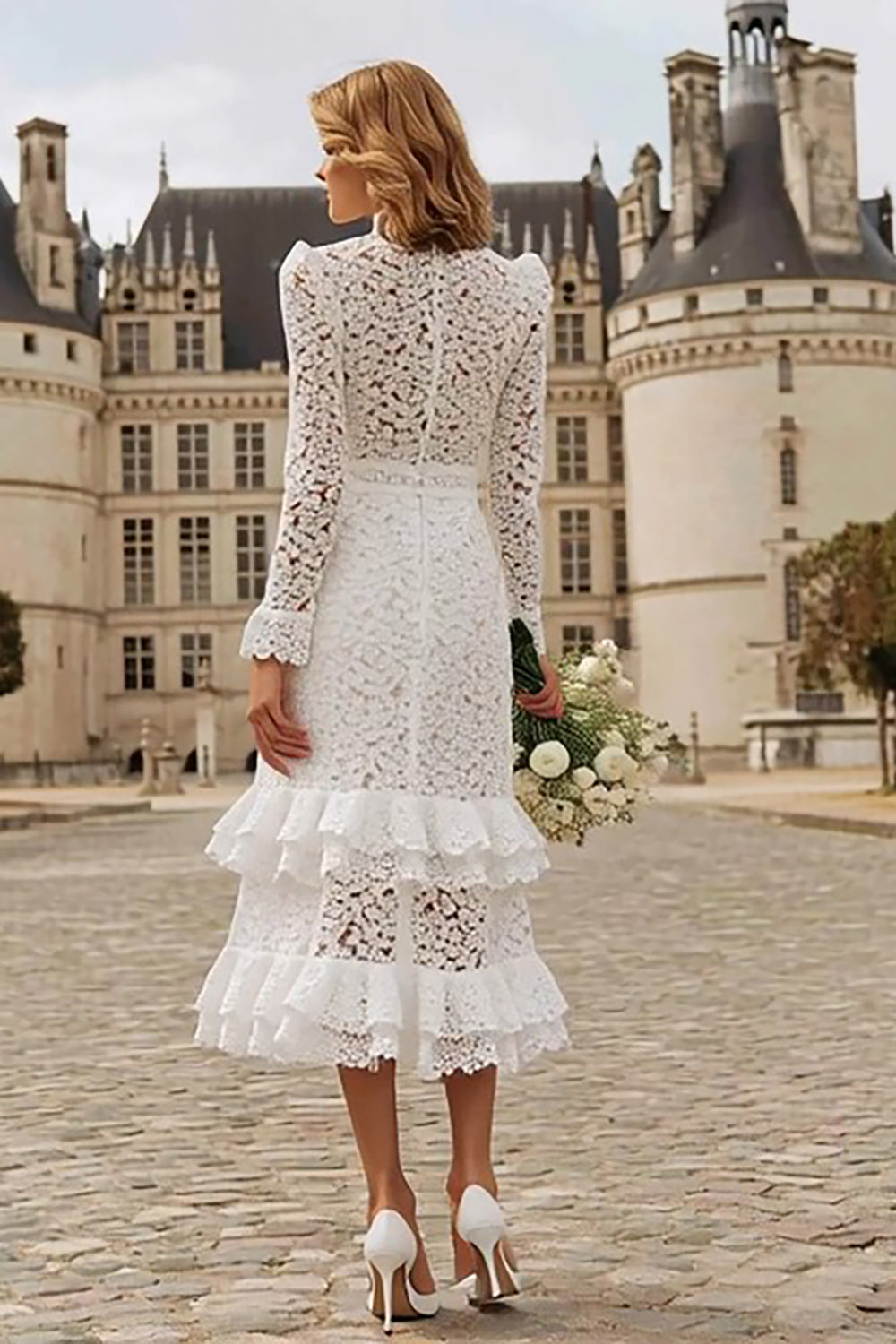 Ivory High Neck Lace Ruffled Midi Engagement Dress with Sleeves