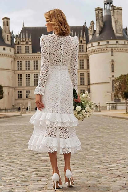 Ivory High Neck Lace Ruffled Midi Engagement Dress with Sleeves