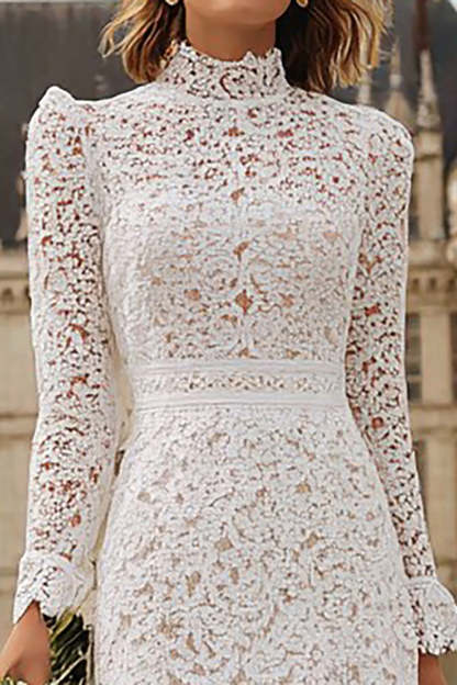 Ivory High Neck Lace Ruffled Midi Engagement Dress with Sleeves