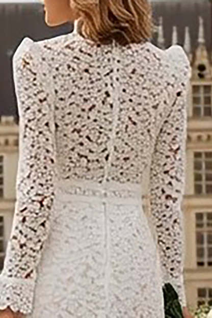 Ivory High Neck Lace Ruffled Midi Engagement Dress with Sleeves
