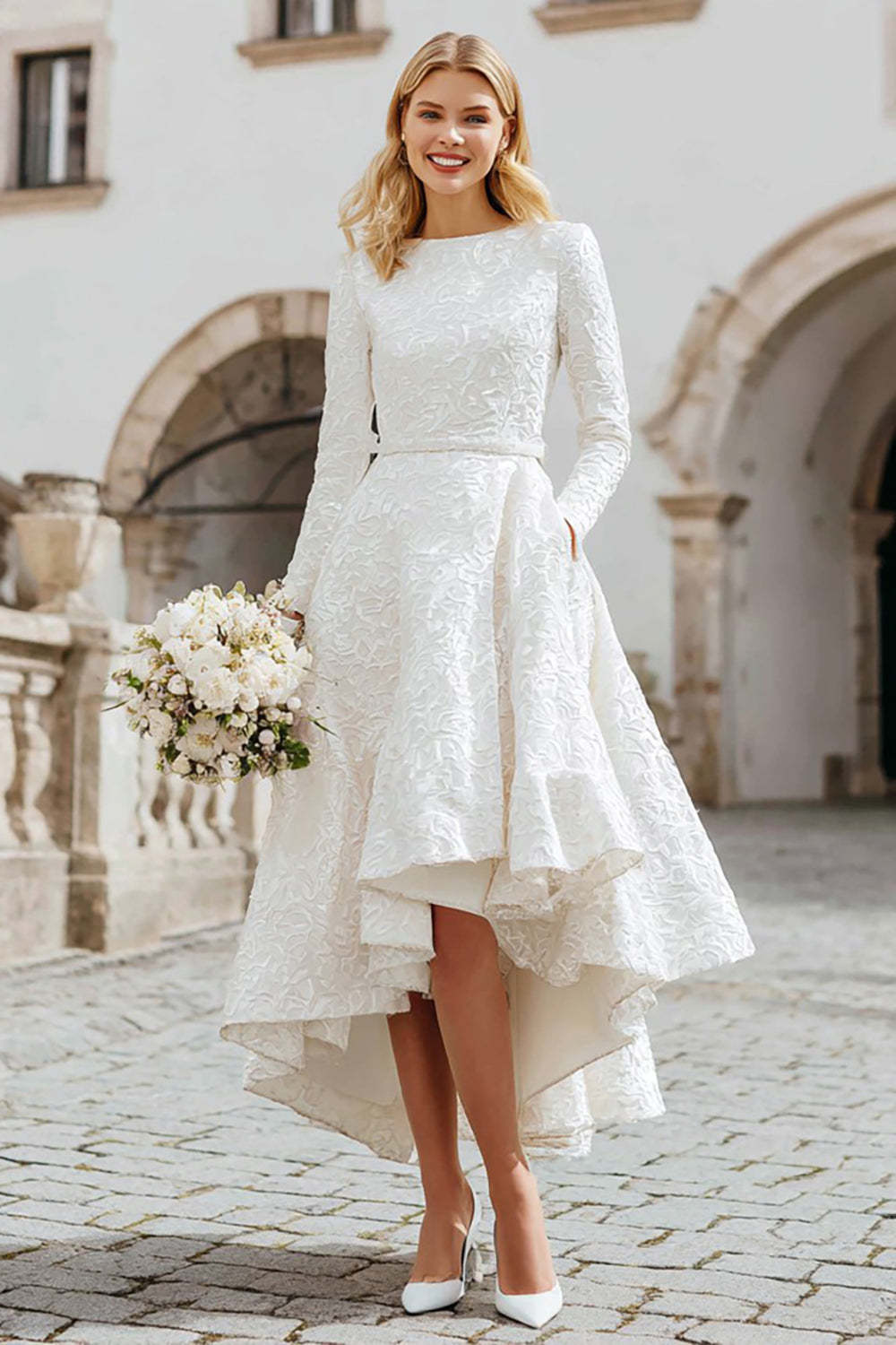 Leely Women Ivory Lace Boat Neck High-Low Engagement Dress with Pockets A Line Long Sleeves Wedding Reception Dress
